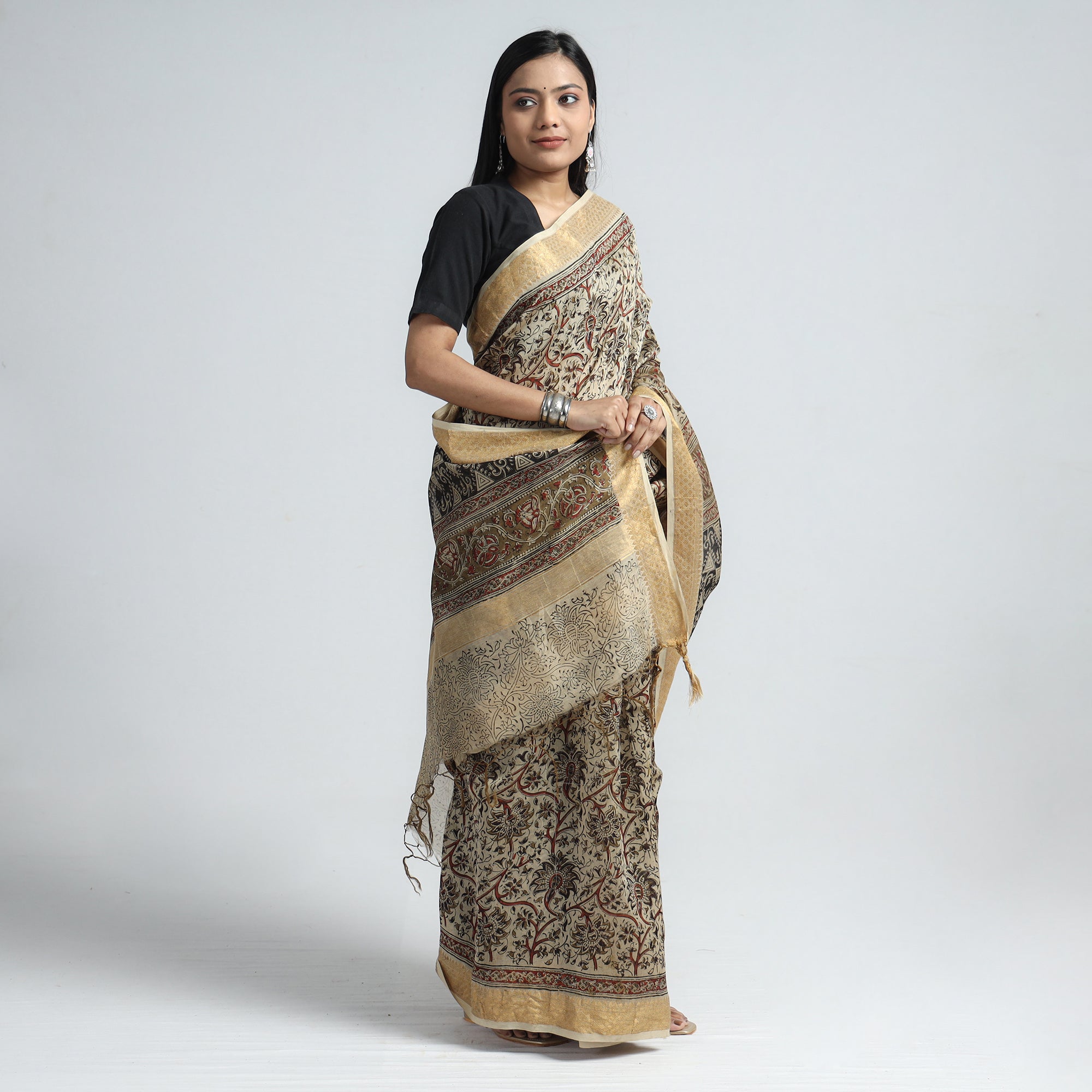 Beige - Pedana Block Print Chanderi Silk Kalamkari Dupatta 05