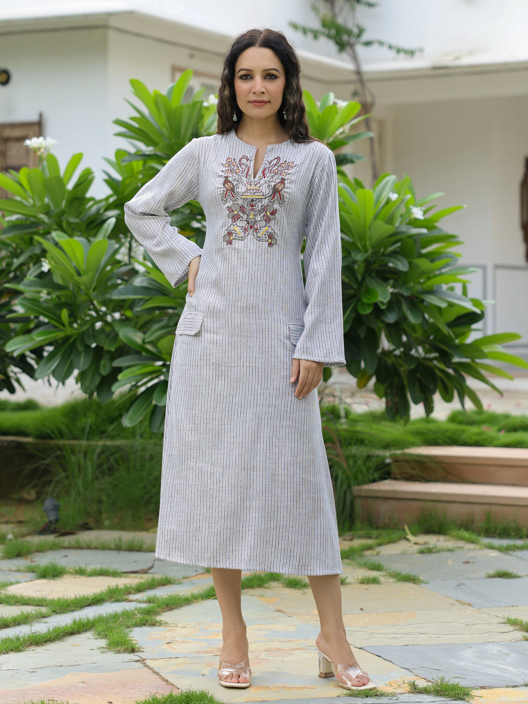aztec embroidered dress Embroidered Aztec Off White Midi Dress main image 0