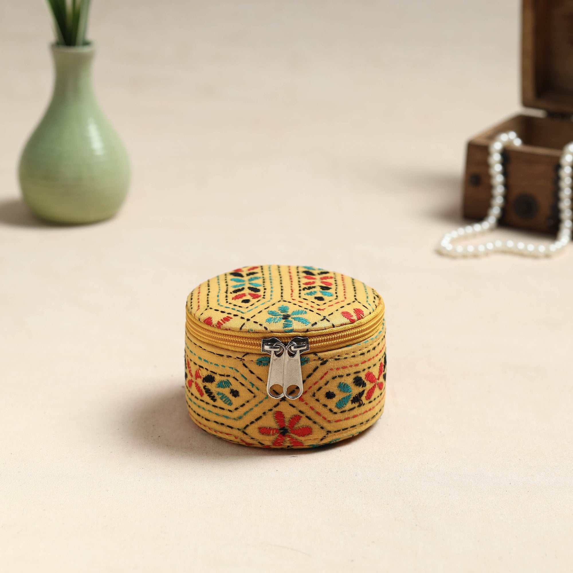 Blue - Bengal Kantha Work Handcrafted Oval Jewellery Box with Mirror 19