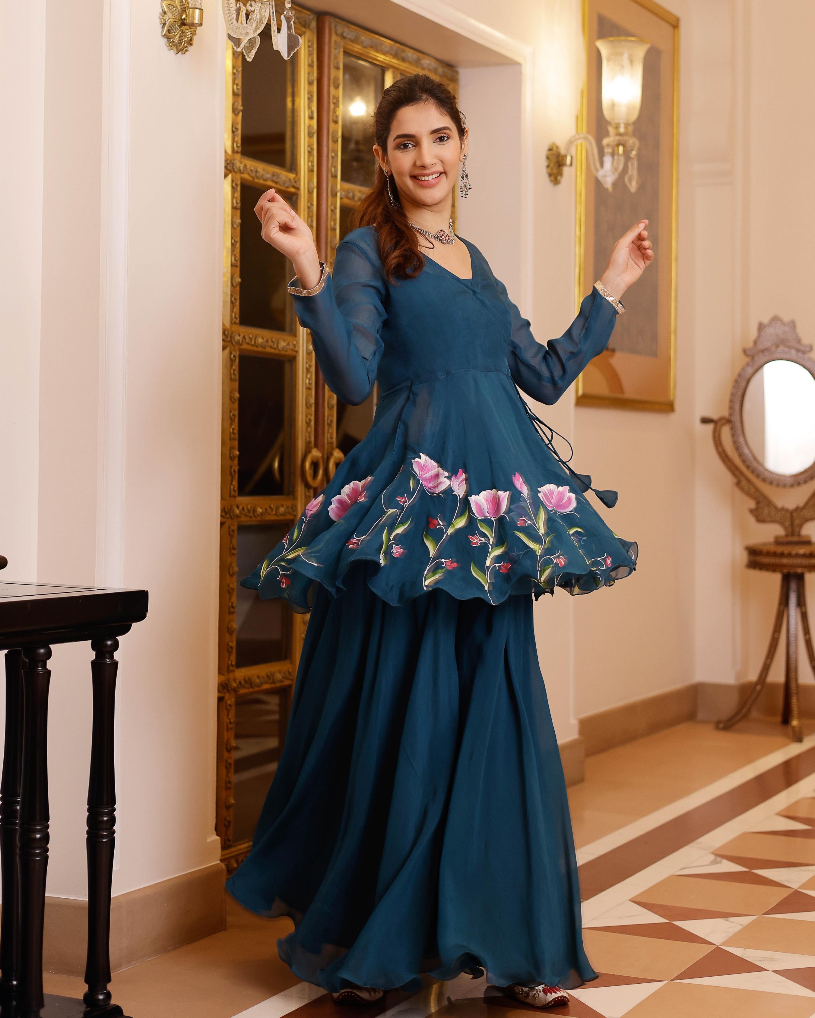 organza sharara dress Women's Rust Orange Organza Sharara Suit With Dori Embroidery