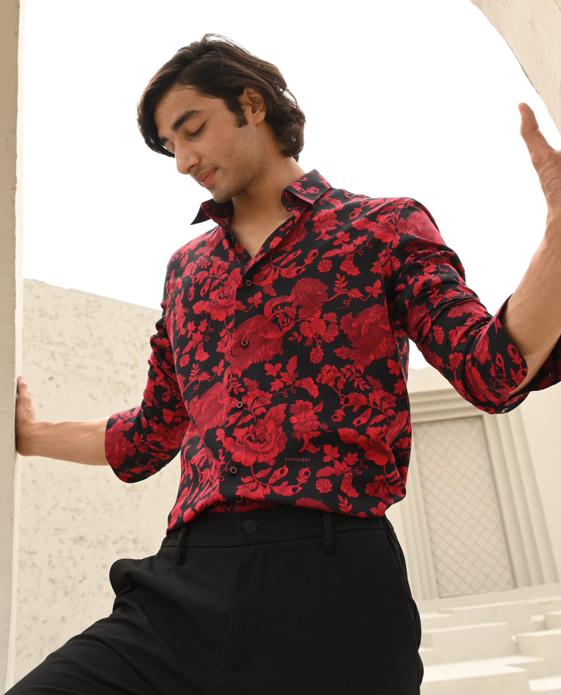 Rare Rabbit Men's Reet Red Cotton Modal Fabric Floral Print Full Sleeves  Shirt