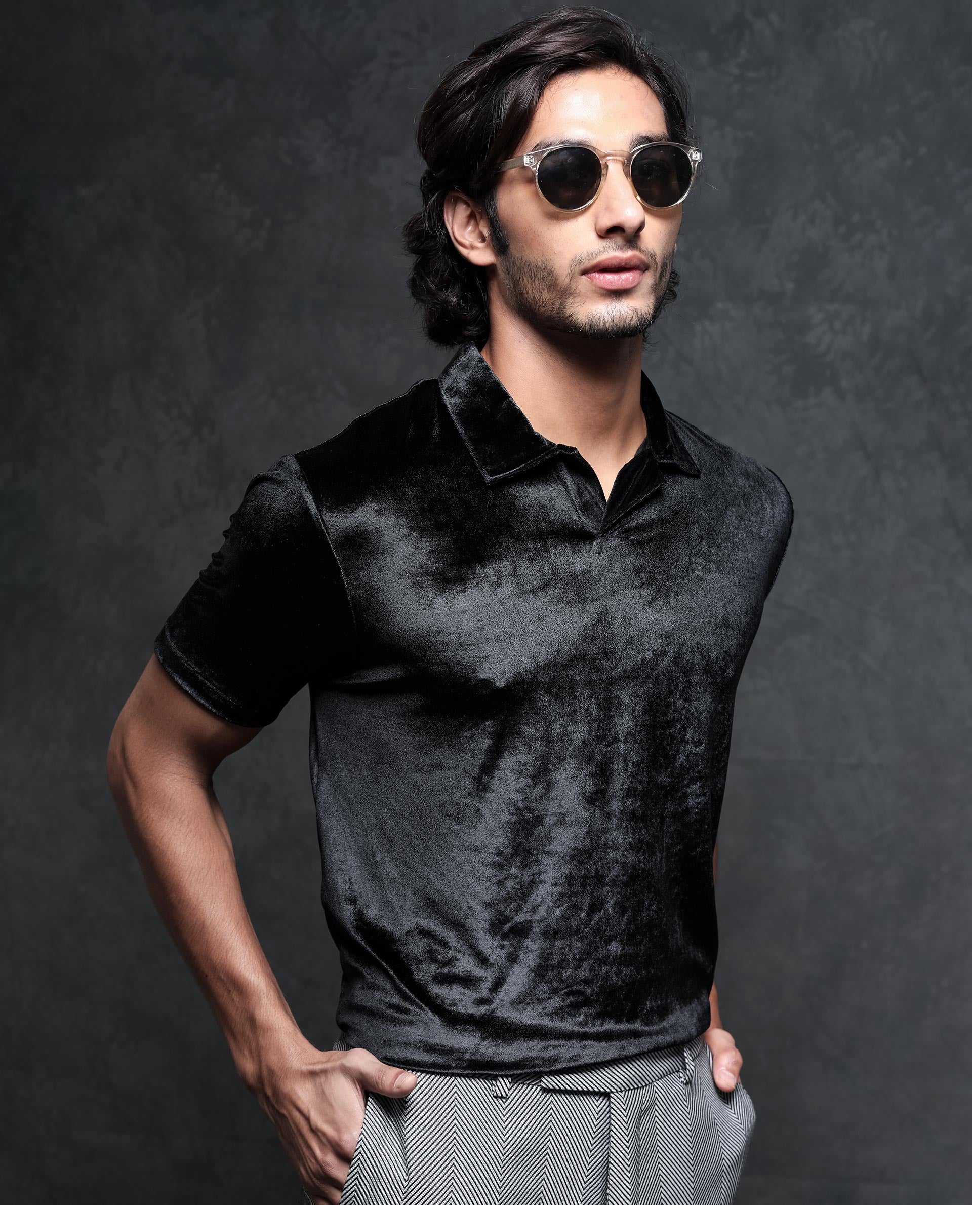 Rare Rabbit Men's Electro Black Johnny Collar Half Sleeves Velvet Polo  T-Shirt