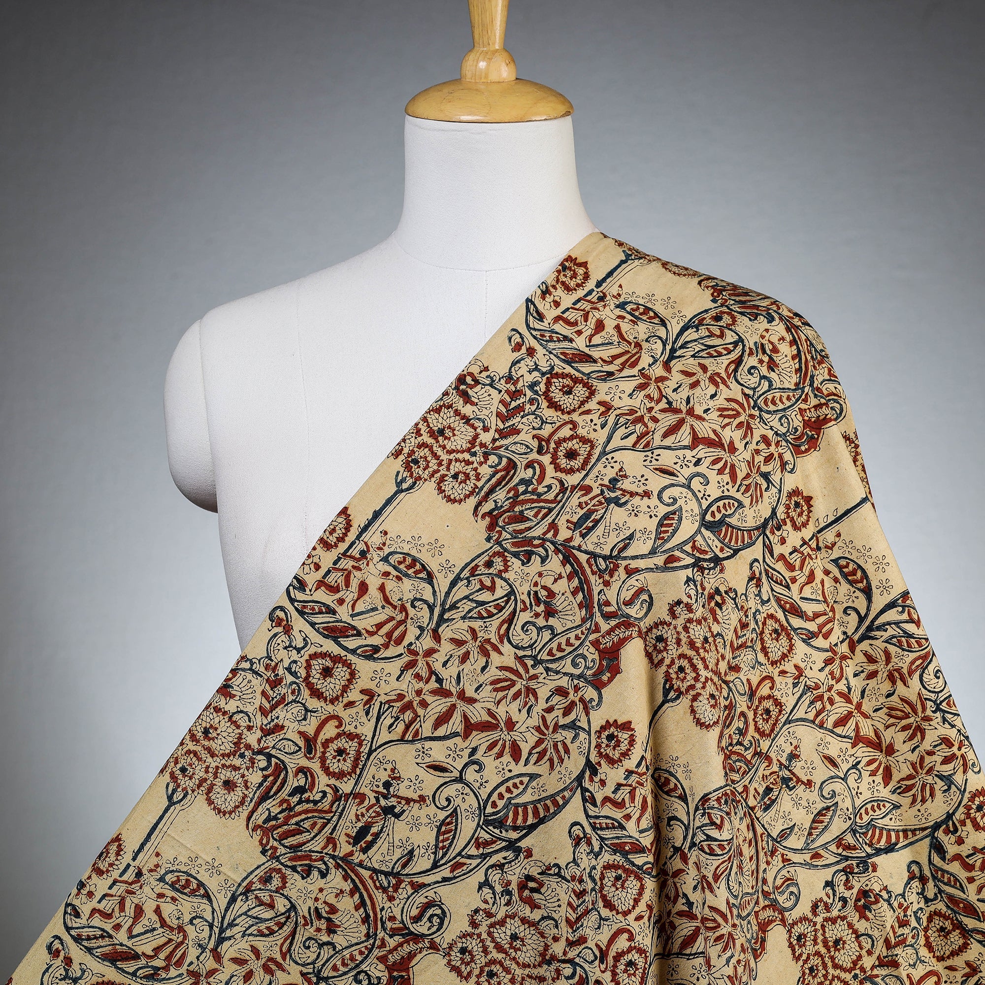 Beige - Pedana Hand Block Print Natural Dyed Kota Doria Cotton Kalamkari Fabric 12