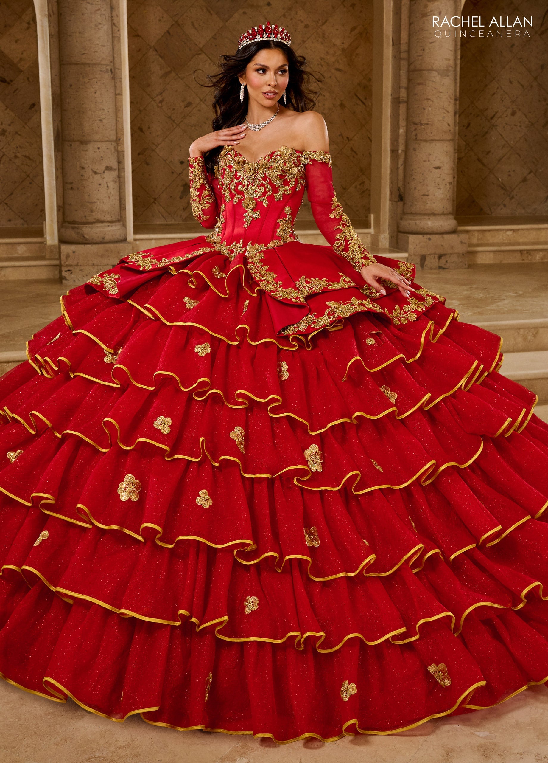 Red And Gold Quinceanera Dresses Ruffled Charro Quinceanera