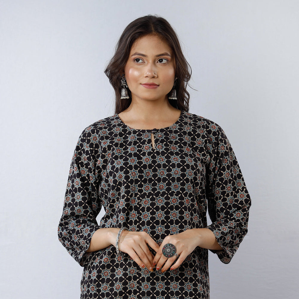 Red - Flowers Ajrakh Block Printed Cotton Long Straight Kurta
