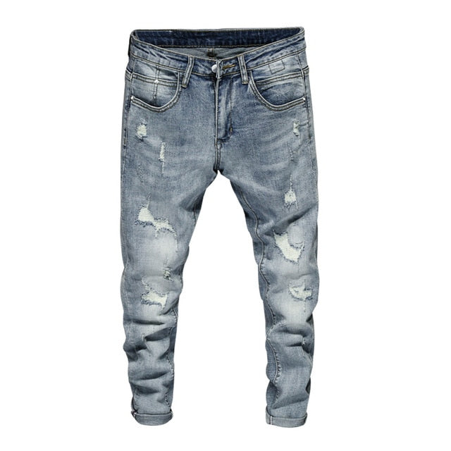 Ripped Jeans Men Skinny Light Blue High Street Style for