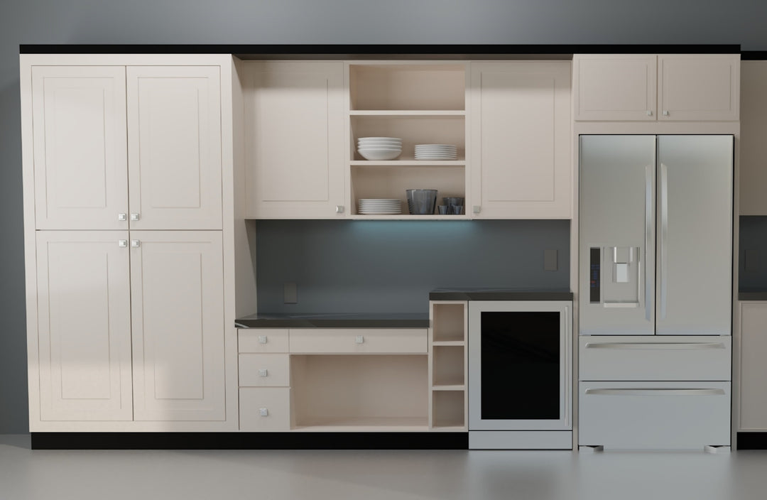 a kitchen with white cabinets and black counter tops