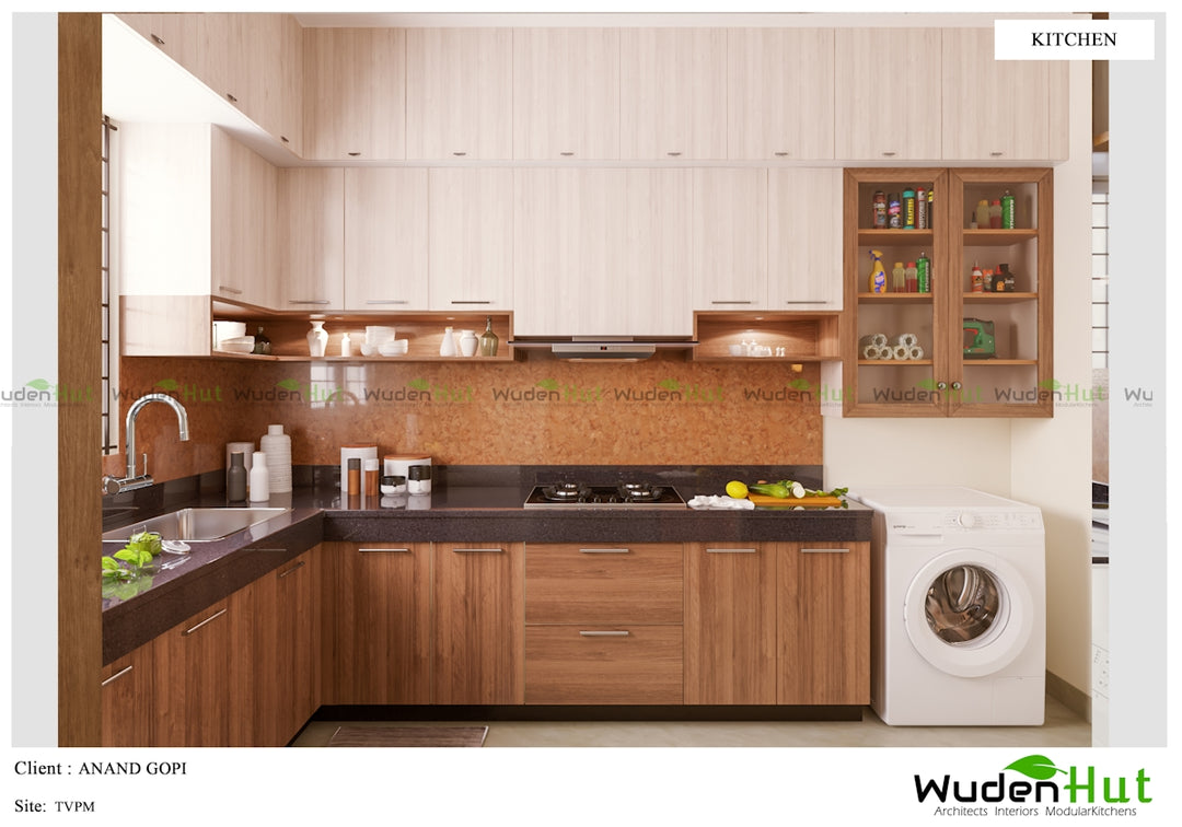 a kitchen with wooden cabinets