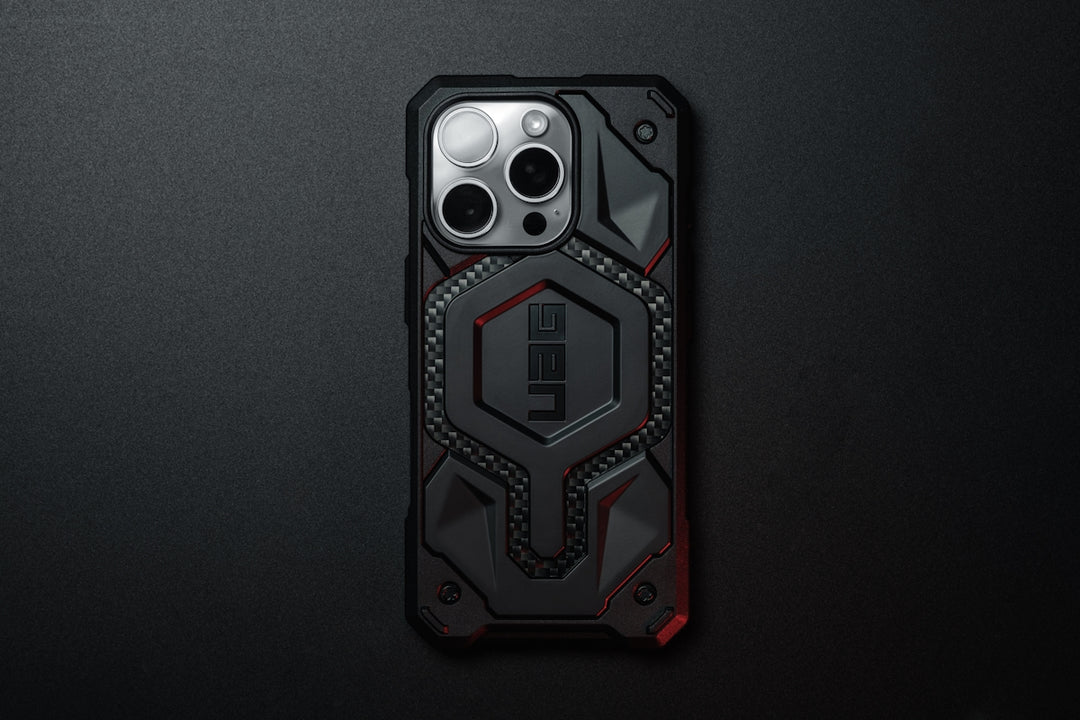 A cell phone case with a black and red design
