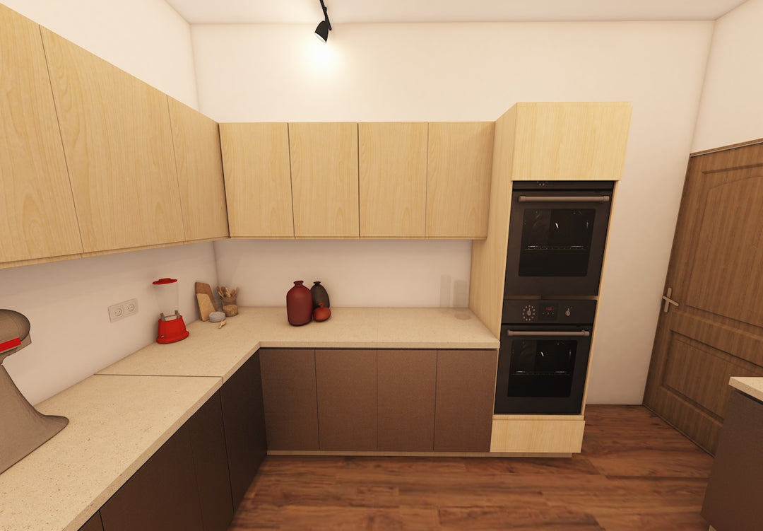 A modern kitchen with wooden cabinets and ovens.