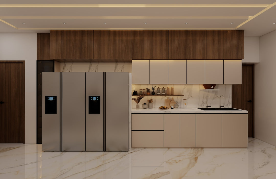 Modern kitchen with cabinetry and a large refrigerator.