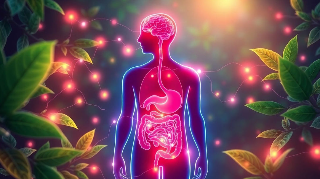 Human silhouette with glowing gut-brain connection and green leaves.