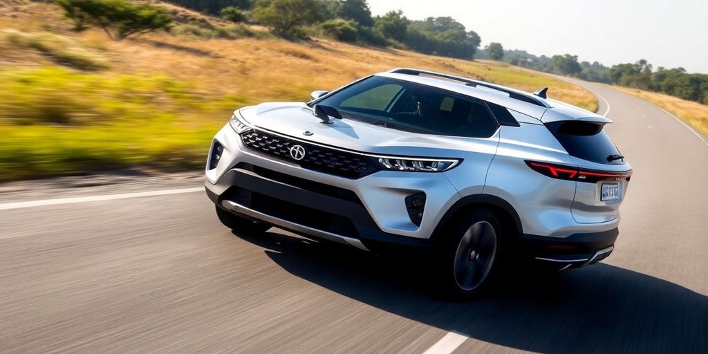 Tata Harrier EV driving on a road.