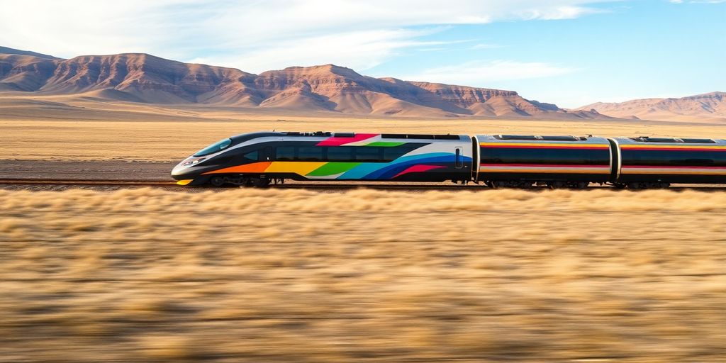 Chinese high-speed train blurring past American landscape.