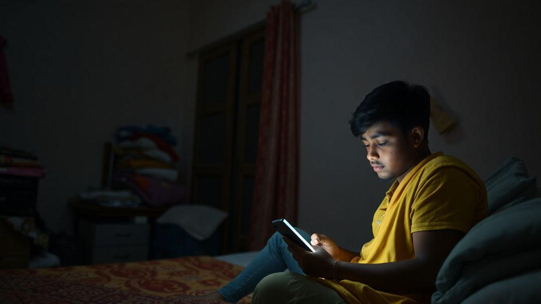 Indian teenager engrossed in phone while parent looks concerned