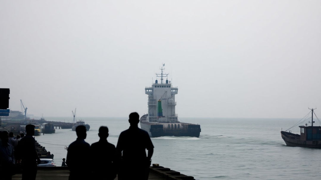 Cargo ship leaving Indian port amid customs issues.