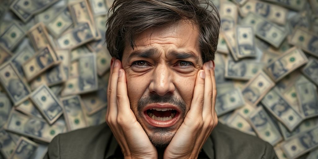 Person looking down at scattered money.