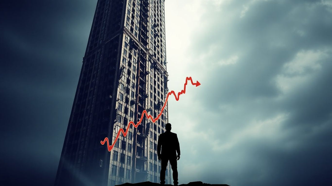 Jaypee Group's debt crisis visualized as a crumbling skyscraper.