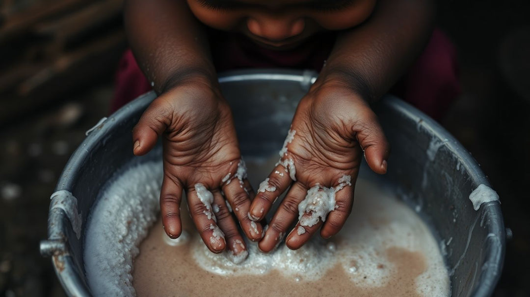 Child's hands scrubbing clothes in a basin.