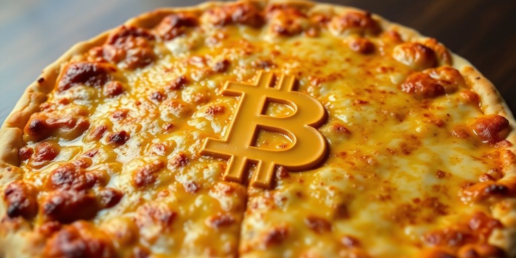 A pizza with Bitcoin symbols melting into it.