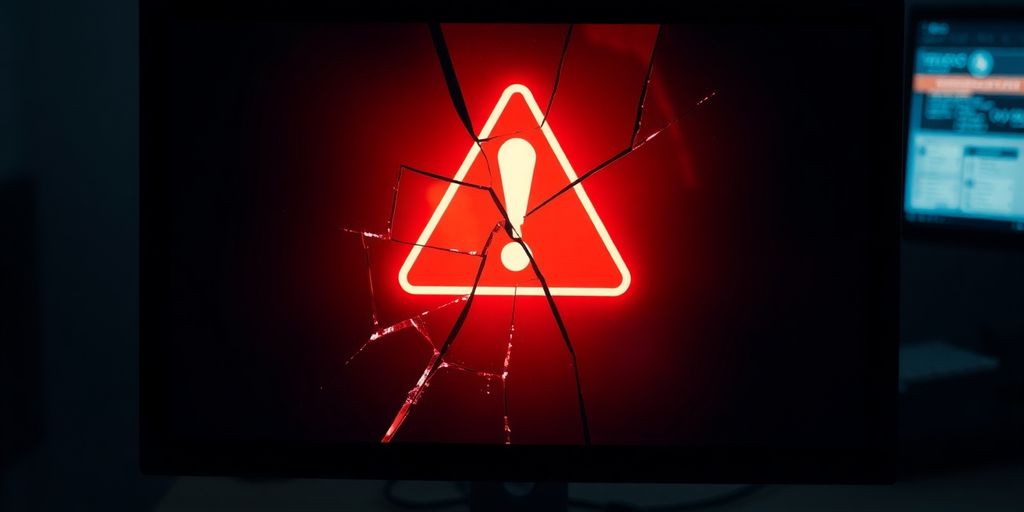 Cracked computer screen with urgent warning.