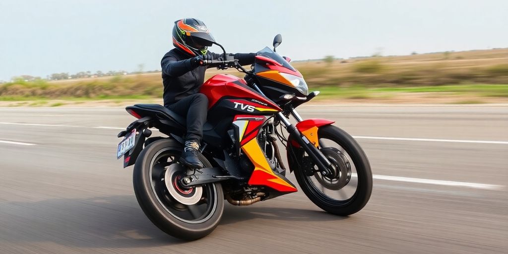 TVS Apache RTR 310 dynamic riding shot on a road.