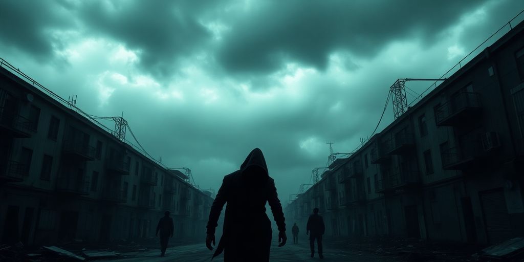 A desolate, eerie cityscape with shadowy figures.