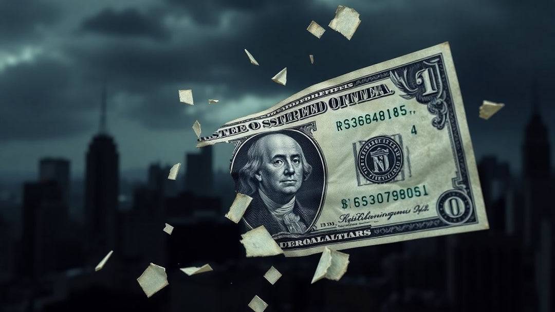US dollar bill breaking apart with dark city backdrop.