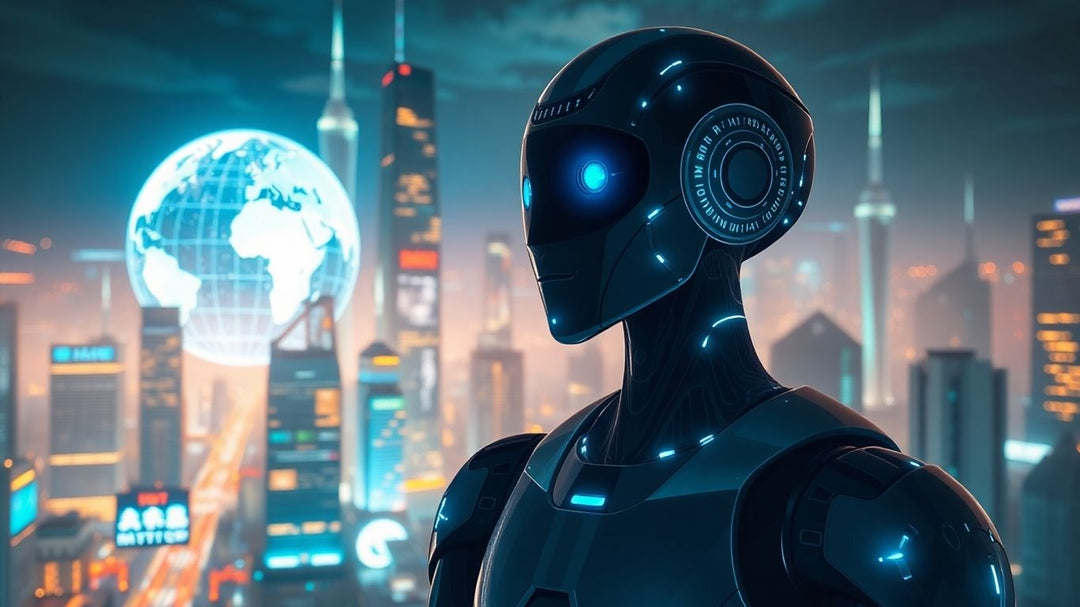 Futuristic city, robot, glowing globe with digital connections.