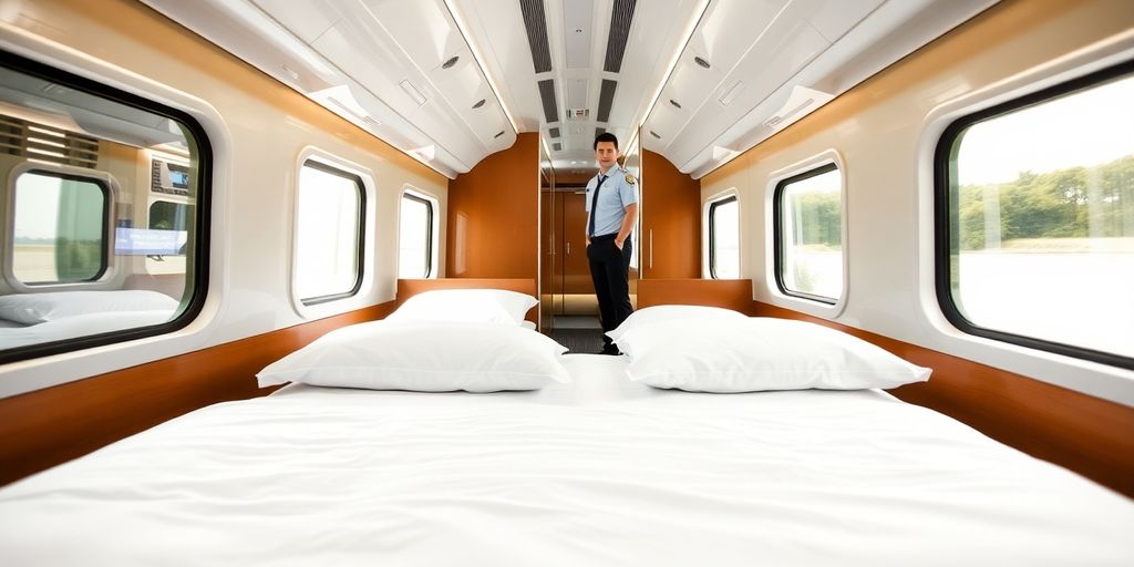 Train attendant checking spotless linen.
