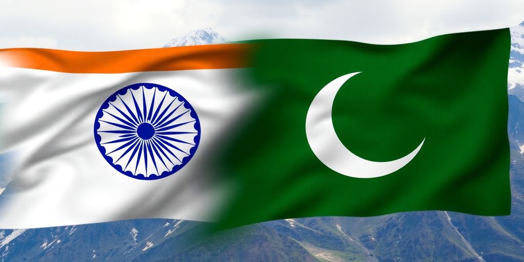 Indian and Pakistani flags clashing over a mountainous Kashmir landscape.