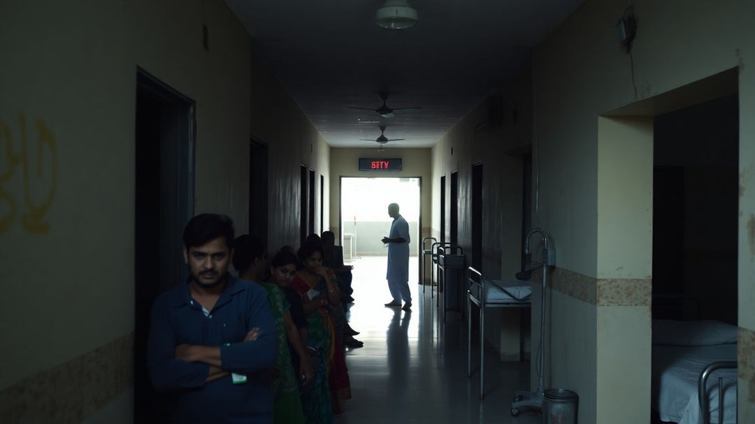 Indian hospital corridor with patients and shadowy figures