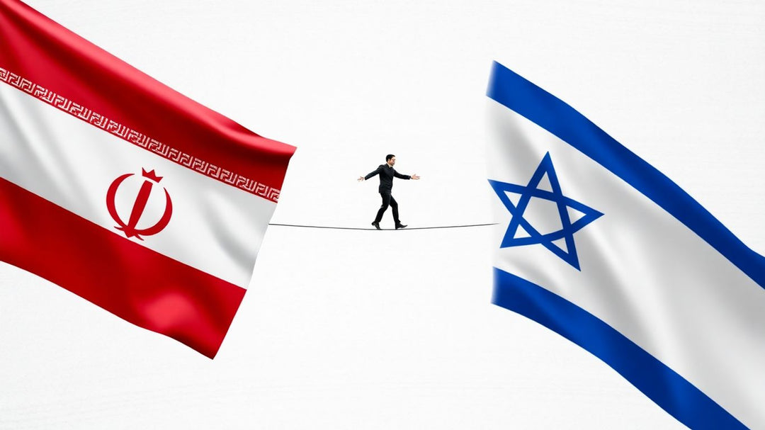 India balancing between Iran and Israel flags on a tightrope.