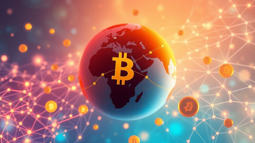 Crypto, global trade, and AI concepts intertwined.