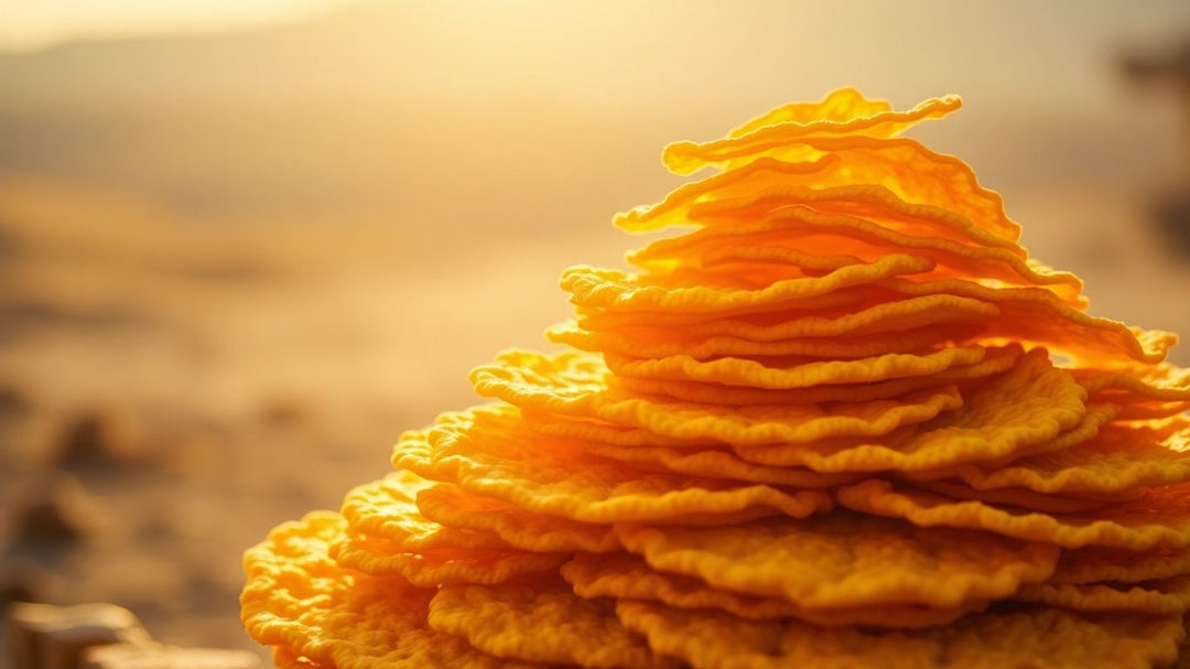 Golden Balaji wafers piled high, symbolizing success.