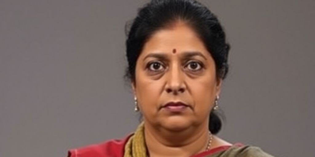 Smriti Irani looking determined, with a subtle hint of a political backdrop.