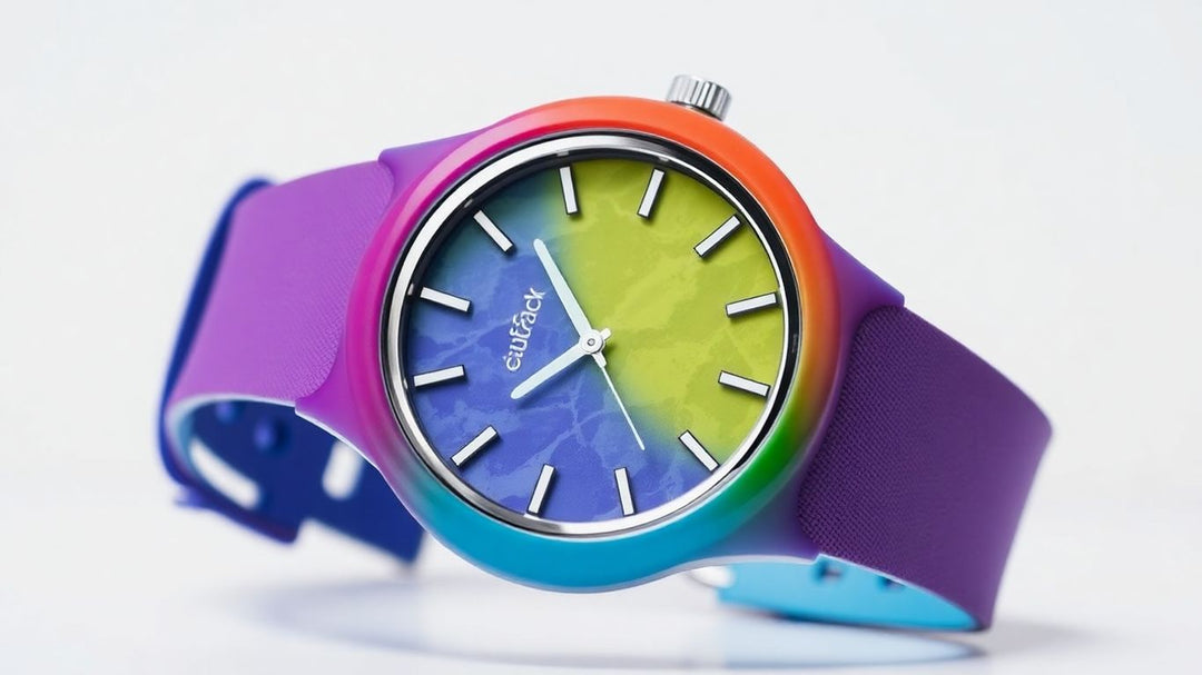 Swatch Moonswatch watch face and strap detail.