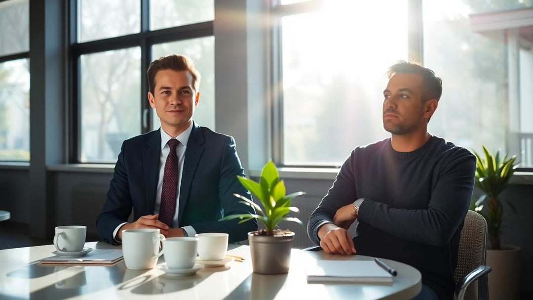 Two people discussing morning routines in a bright room