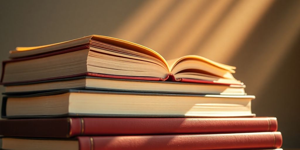 A stack of opened books with sunlight.