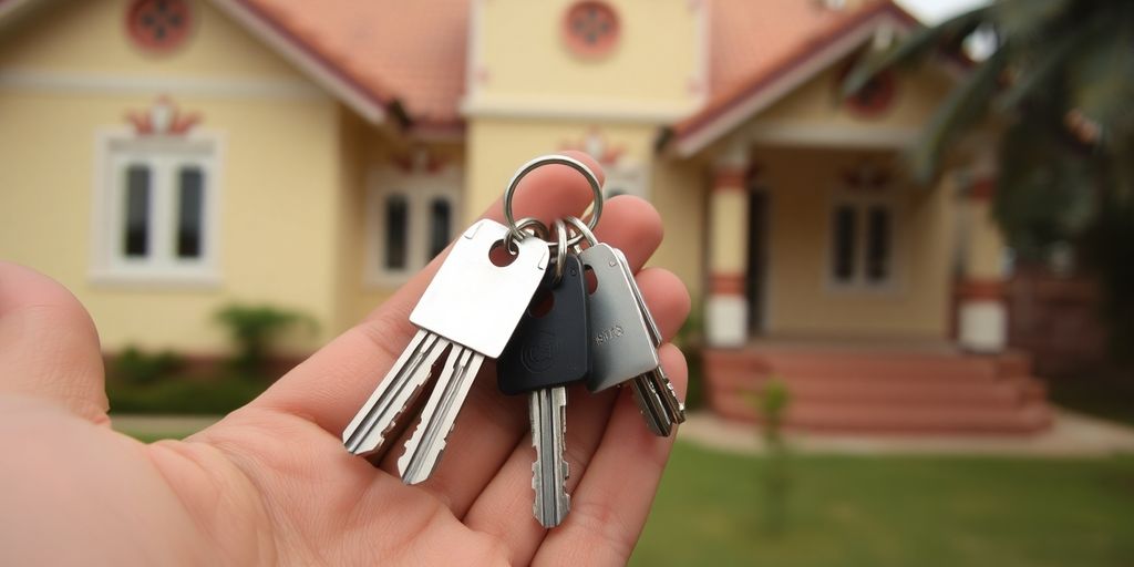 Indian house keys with blurred home background.