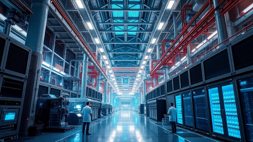 Futuristic AI मेगाफैक्टरी जो रोबोटिक्स और टेक्नोलॉजी से भरी हुई है।