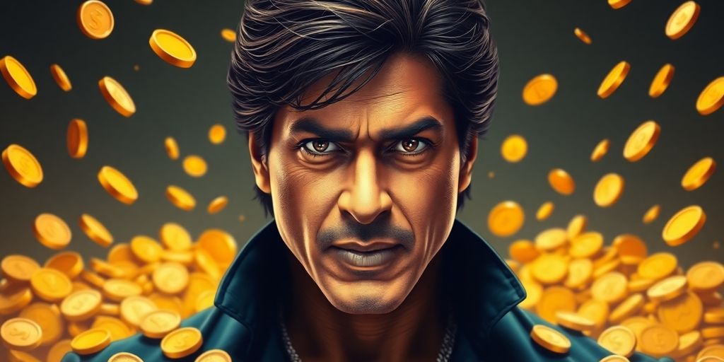Shah Rukh Khan smiling, surrounded by golden coins.