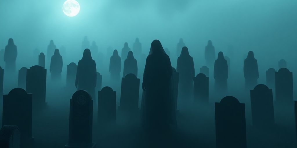 Ethereal, shadowy human figures in a misty graveyard.