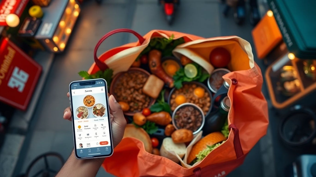 Zomato delivery bag with food and phone.