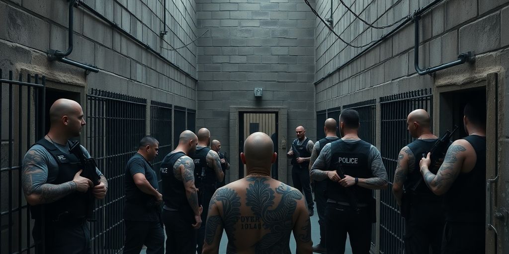 Armoured guards and heavily tattooed inmates inside a massive prison.