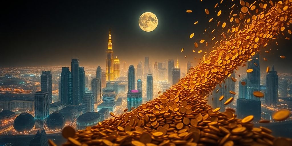 Saudi Arabia skyline with a large stack of money.