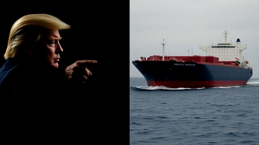 Indian oil tanker and Donald Trump pointing.