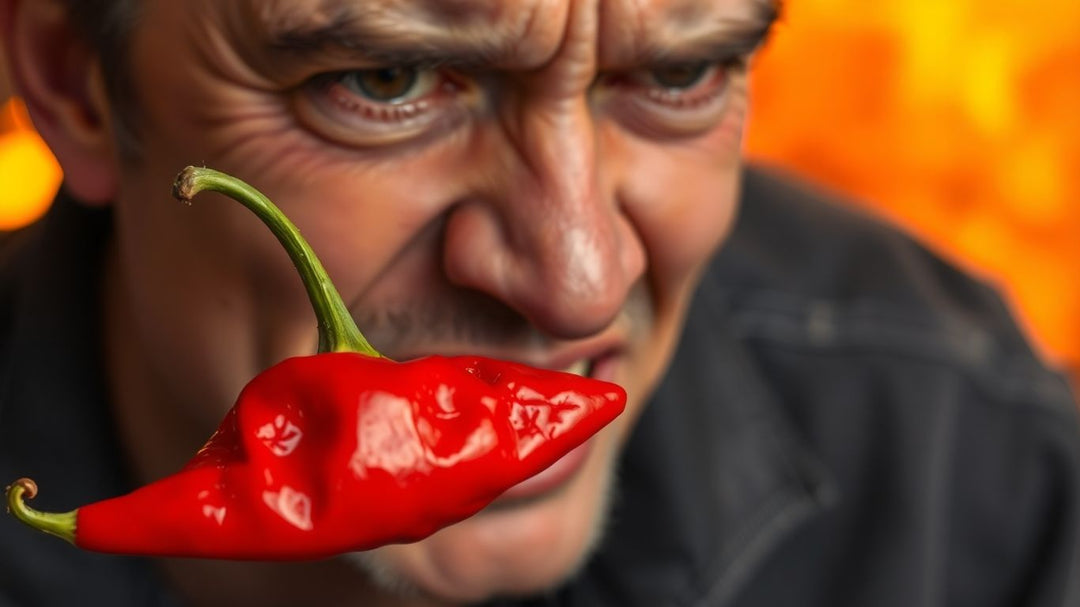 Man eating a very hot pepper.