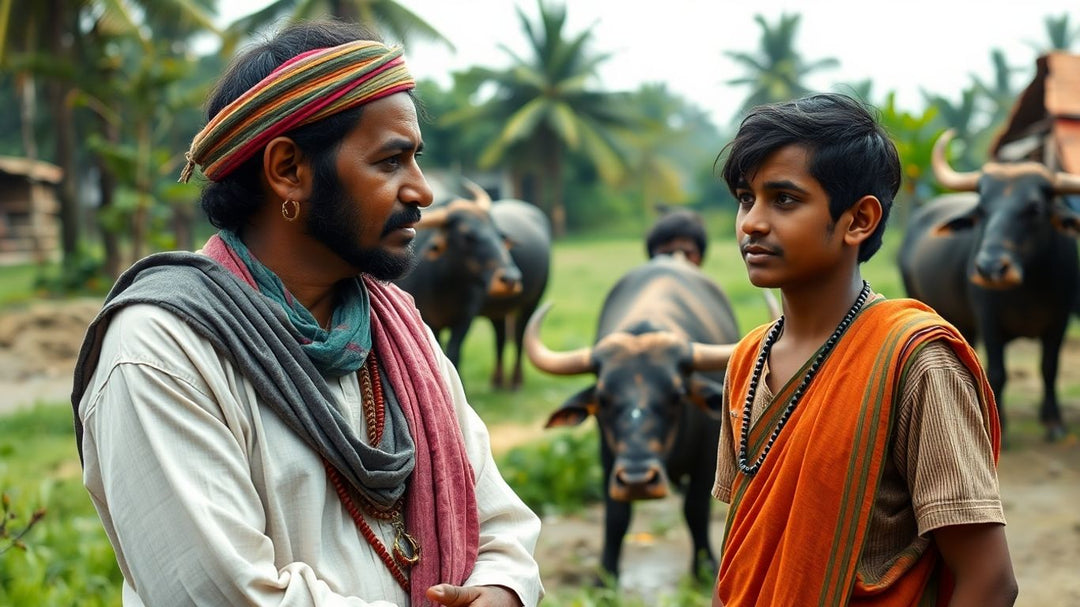 दो आदमी, भैंसें, भारतीय गाँव का दृश्य, भावपूर्ण चेहरे.