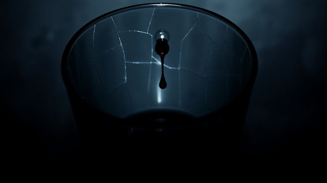 A cracked glass with a dark shadow and a falling drop.